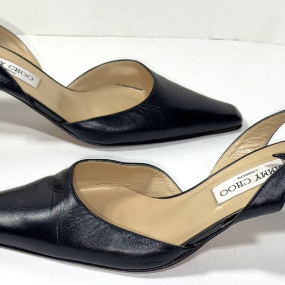 VTG Jimmy Choo Black Leather Pointed Slingback Kitten Pumps Stiletto Heels 41 11 - Picture 4 of 13